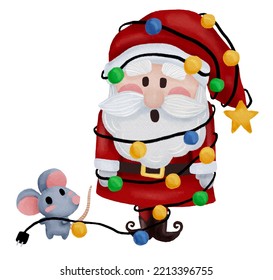 cute rat tie santa claus and christmas light merry christmas funny cute watercolor charactor christmas clipart for holiday