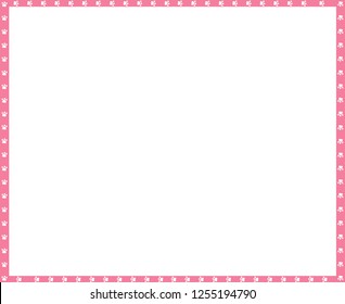 Cute Rectangle Pink And White Photo Frame Made Of Animal Paw Prints On White Background. Template, Border, Framework, Poster, Banner, Scrapbook, Cartoon Animal Cats, Dogs Paw Walking Track