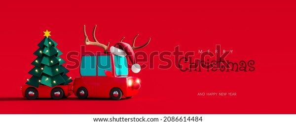 Cute red car with deer antlers on the roof\
carrying green paper Christmas tree on red background 3D Rendering,\
3D Illustration