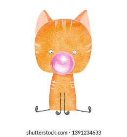 Cute red cat blowing bubble gum. Cat collection