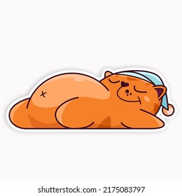 Cute red cat sleeps in a cap. Shows emotions, sleep, good night. Cat character hand drawn style, sticker, emoji