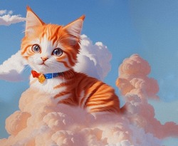  Cute Red Little Kitten Is Sitting On The Clouds. Funny Cat. Kitty. Fantasy Cartoon Character In The Sky. Fairy Tale. Soft Colors. 3d  Illustration For Children
