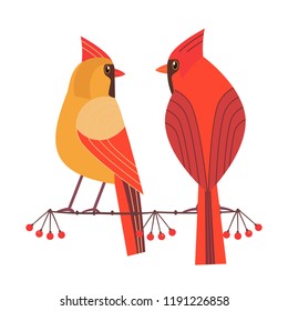 Cute Red Northern Cardinal Couple Icon. Comic Simple Flat Cartoon. Winter Birds Of Backyard, City Garden Wonderland. Stylized Funny Bird. Template For Wildlife  Scavenger Hunt Card Background