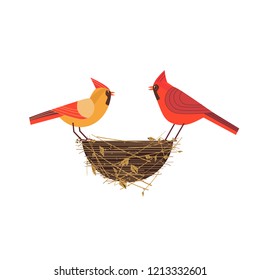 Cute Red Northern Cardinal Couple Icon. Comic Simple Minimal Flat Cartoon. Winter Birds On Nest In Backyard, City Garden Wonderland. Stylized Funny Bird. Template For Scavenger Hunt Card Background