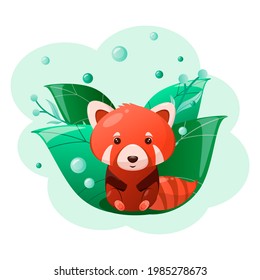 Cute red panda on a background of green leaves. Children's animal illustration.Forest.