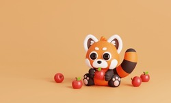 Cute Red Panda Sitting With Apples Isolated On Orange Background. Animals And Food Icon Cartoon Style Concept. 3D Render Illustration