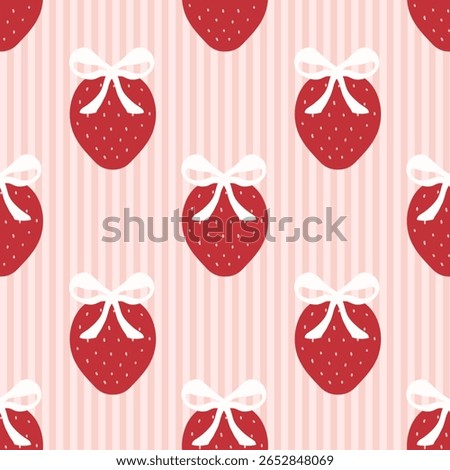 Cute red strawberry pattern with white bow on pink vertical stripes. Adorable fruit-themed design perfect for kids, fabric, or wallpaper.