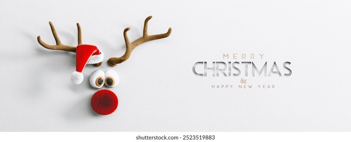 Cute Reindeer with red nose and Santa hat on white paper background. Merry Christmas greeting card design with creative text. 3D Rendering, 3D Illustration - Powered by Shutterstock