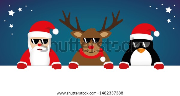 クリスマスイラスト用のサングラスをかけたかわいいトナカイサンタとペンギンの漫画 のイラスト素材