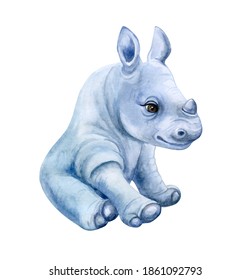 Cute rhino baby, rhinoceros  isolated on white background. African animals. Safari. Illustration. Template. Hand drawn. Greeting card design. Clip art.