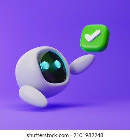 Cute Robot With Check Mark Icon Isolated Over Purple Background. Technology Concept. 3d Rendering.