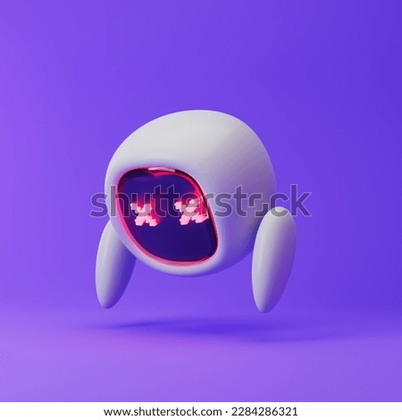 Cute robot with error screen isolated over purple background. Technology concept. 3d rendering.