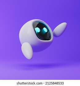 Cute robot with hand up isolated over purple background. Technology concept. 3d rendering.