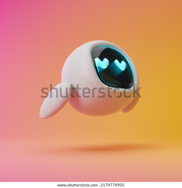 Cute robot with heart eyes flying with hands\
behind isolated over pink and yellow background. Technology\
concept. 3d\
rendering.