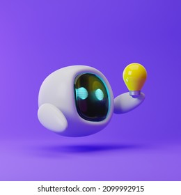 Cute Robot Holding Light Bulb Isolated Over Purple Background. Technology Concept. 3d Rendering.