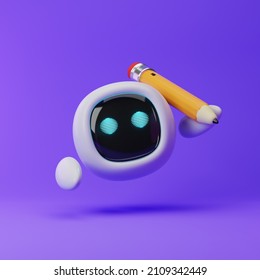 Cute robot holding pencil isolated over purple background. Technology concept. 3d rendering.