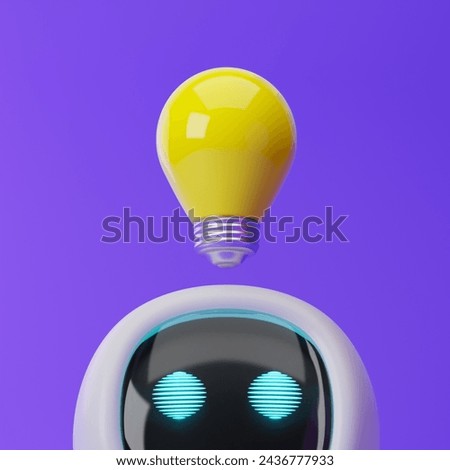 Cute robot looking up with light bulb overhead isolated over purple background. Technology concept. 3d rendering.