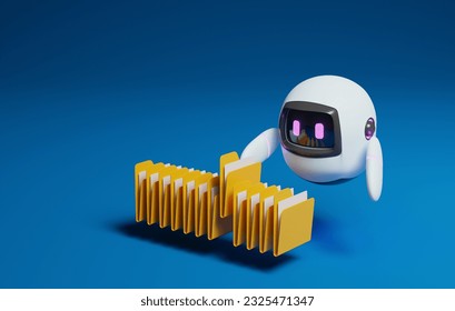 Cute robot picking document folder from archive document file management, analysis, data processing with artificial intelligence technology. 3d render illustration.