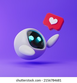 Cute Robot Reaching For A Heart Icon Isolated Over Purple Background. Technology Concept. 3d Rendering.