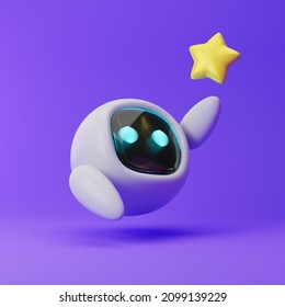 Cute Robot Reaching For A Star Isolated Over Purple Background. Technology Concept. 3d Rendering.