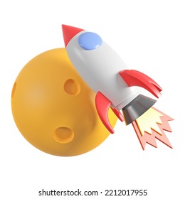 Cute Rocket And Yellow Full Moon.,3d Model And Illustration.