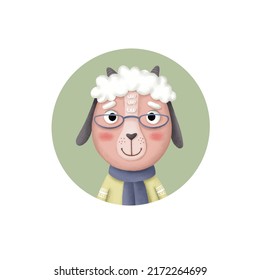 Cute round icon with a cartoon goat in glasses. Portrait of a stylized animal. Forest animals.