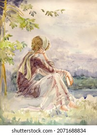 Cute Sad Lone Adult Human Hold Old Scarf Veil Seat Light White Wild Rural Lawn Tree Dusk Mist Fog Cloud Sky Text Space. Paint Drawn Faith Pray Life Hope Youth Teen Relax Body Antiqu Retro Artist Style