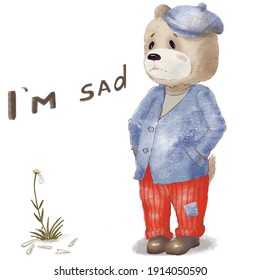 Cute Sad Teddy Bear On White Background