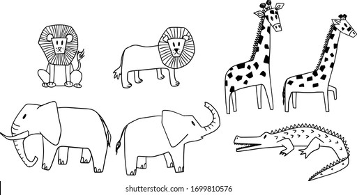 Cute Safari Childish Outline Illustration Giraffe, Elephant, Lion, Alligator, Jungle For Kids Isolated On White Background. 