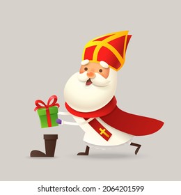 Cute Saint Nicholas or Sinterklaas fill shoes with gifts - illustration - Powered by Shutterstock