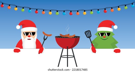 cute santa claus and christmas tree with sunglasses at bbq