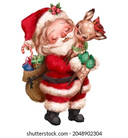 Cute Santa Claus with a little deer and bag with gifts