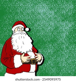 Cute Santa Claus in red clothes. Hand drawn illustration for designs, prints and patterns. Green background with snow pattern. Suitable for Christmas and New Year postcards or prints - Powered by Shutterstock