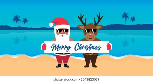 cute santa and deer with sunglasses on paradise beach summer christmas holiday - Powered by Shutterstock