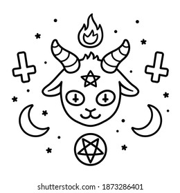 Cute Satan sign drawing  cartoon devil goat head and pentagram  fire  crescent moons   upside down crosses  Black   white satanic symbols doodle  tattoo design illustration 