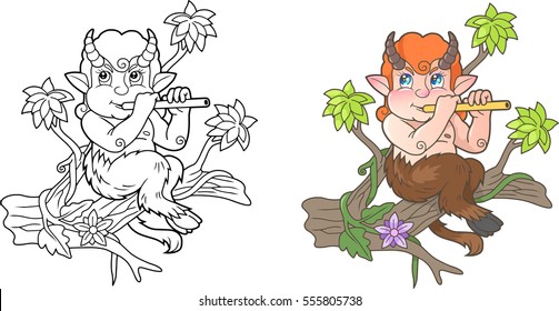 cute satyr playing a flute while sitting on a branch