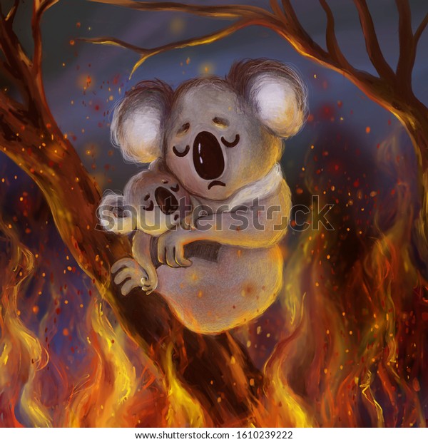オーストラリアで燃え盛る森林火災から逃げようとして 赤ちゃんのコアラとかわいい怖いコアラ 森の漫画のイラストを保存して オーストラリアに祈ります の イラスト素材