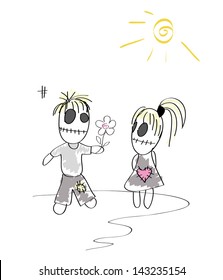 cute scary boy gives girl a flower