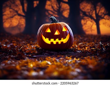 Cute and scary Halloween Jack-o'-lantern, in a forest background, for Halloween party design, 3D rendering - Powered by Shutterstock