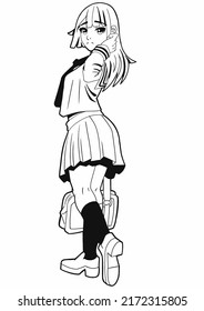 A Cute Schoolgirl Girl Drawn In The Style Of Japanese Manga Comics Stands With A Bag Leaning On One Leg. She Is Dressed In A Sailor Suit, A Short Skirt, Stockings And Shoes.