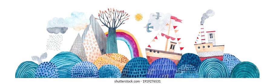Cute sea landscape, waves, montains, ships, clouds and rainbow. Watercolor illustration. Children's horizontal poster. Horizontal repeating banner.