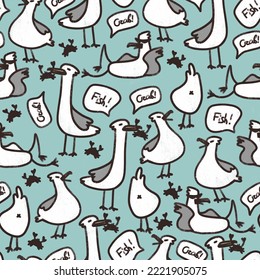 Cute Seagull Bitmap Pattern. Seagulls On Blue Background. Suitable For Textile, Wrapping Paper, Surface Design Kids Wear.