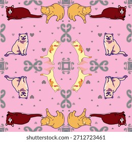 Cute Seamless Cat Pattern Design for Cat Lovers Pink and Brown Feline Friends Wallpaper Aesthetic Kitten Background with Hearts and Swirls