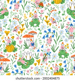 Cute seamless pattern about magic  gnomes   their secret life in the garden  Beautiful hand drawn floral print illustration