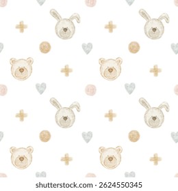Cute seamless pattern with bear and bunny, dots, crosses.Pastel background in soft, minimal style.Perfect for nursery decor, fabric, and kids wallpaper.