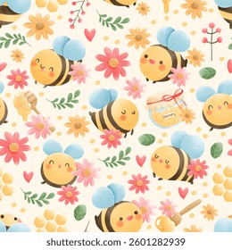 Cute Seamless Pattern with Bees, Honeycombs, Flowers, and Honey Jars — Adorable Watercolor Bee Design for Spring and Summer Backgrounds