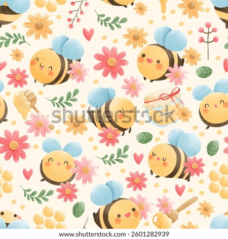 Cute Seamless Pattern with Bees, Honeycombs, Flowers, and Honey Jars — Adorable Watercolor Bee Design for Spring and Summer Backgrounds