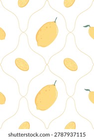 Cute seamless pattern collection featuring sweet strawberries, fresh lemons, juicy peaches, cupcakes, and elegant floral ornaments. Hand drawn fruit and dessert backgrounds in pastel colors, perfect for textile, fabric, wallpaper, and wrapping paper design
