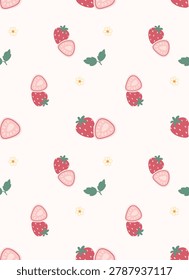 Cute seamless pattern collection featuring sweet strawberries, fresh lemons, juicy peaches, cupcakes, and elegant floral ornaments. Hand drawn fruit and dessert backgrounds in pastel colors, perfect for textile, fabric, wallpaper, and wrapping paper design
