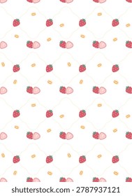 Cute seamless pattern collection featuring sweet strawberries, fresh lemons, juicy peaches, cupcakes, and elegant floral ornaments. Hand drawn fruit and dessert backgrounds in pastel colors, perfect for textile, fabric, wallpaper, and wrapping paper design

